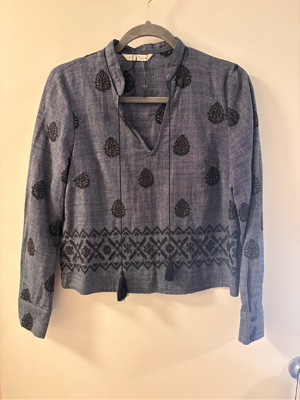 Zara Indigo Blue Embroidered Tassel Peasant Blouse - Indigo
